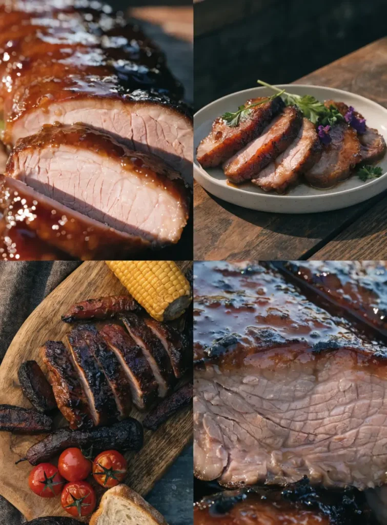 Collage featuring bourbon BBQ pork tenderloin from close-up, plated, overhead, and texture-focused perspectives.