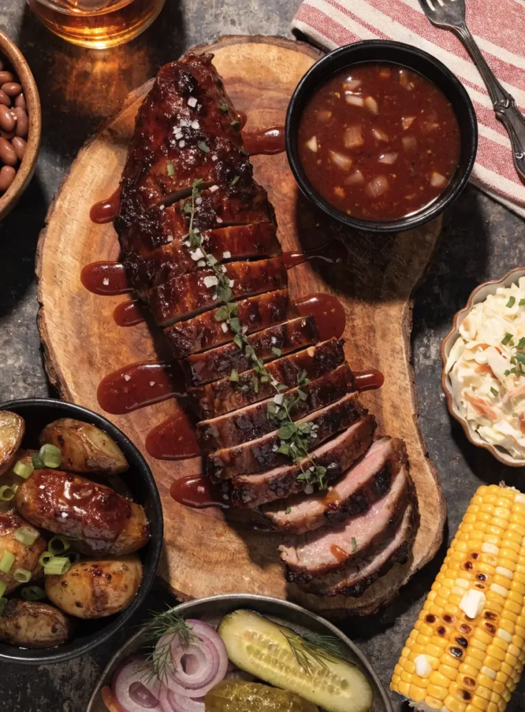 Top-view of sliced bourbon BBQ pork tenderloin served on a rustic board with herbs and barbecue side dishes.